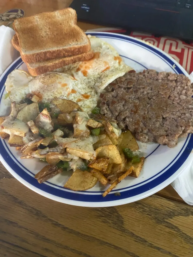 Eggs Sausage Patty and Toast
